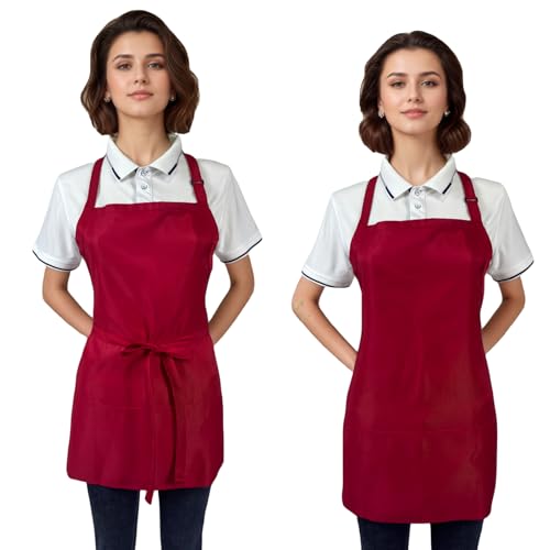 Short Aprons for Women with 3 Pockets，Waterproof Chef Apron for Cooking, Men Kitchen Apron for Grilling Bbq - color: Red, 2 Pack