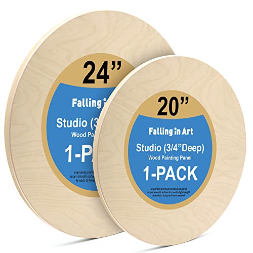 Falling in Art Unfinished Round Birch Wood Panels Kit for Painting, Wooden Canvas 2 Pack of 20 and 24" Studio 3/4" Deep, Cradle Boards for Pouring, Art, Crafts, Burning and More - size: 20'+24' round 1 PACK