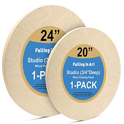 Falling in Art Unfinished Round Birch Wood Panels Kit for Painting, Wooden Canvas 2 Pack of 20 and 24" Studio 3/4" Deep, Cradle Boards for Pouring, Art, Crafts, Burning and More - size: 20'+24' round 1 PACK