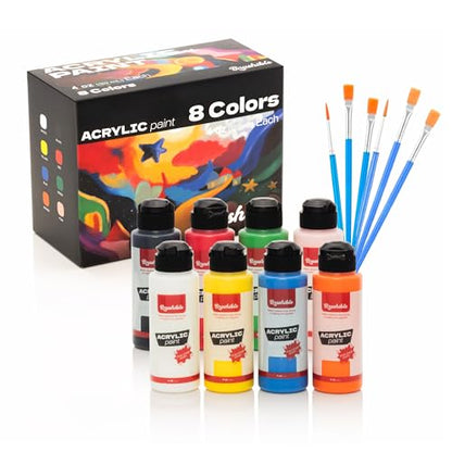 8 Colors Acrylic Paint Set, Acrylic Paint with 6 Brushes, 4oz/120ml Bottles, Paint for Artists, Beginners and Kids on Canvas Rocks Wood Ceramic Fabric