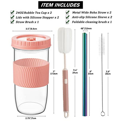 Amyoole 2 Pack Reusable Boba Cup, 24Oz Wide Mouth Smoothie Cup,mason Jar Glass Cups with Lids and Straws,Bubble/Boba Tea Cups,Ice Coffee Tumbler 2 colored straws 1 sponge brush(Pink) - color: Pink