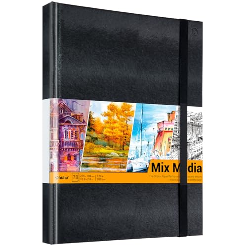Ohuhu Mix Media Pad - 10.8" x 7.8" Mixed Media Art Sketchbook, 120 LB/200 GSM Heavyweight Papers, 78 Sheets/156 Pages, PU Hardcover Mixed Media Paper Pad for Acrylic Painting Christmas Gift - size: 10.8" × 7.8"