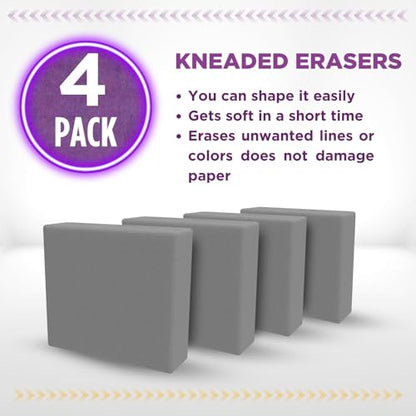 Kneaded Erasers for Artists - 4 Pack Large Size Grey Kneadable Erasers for Drawing & Sketching