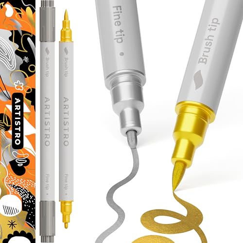 ARTISTRO 2 Gold & Silver Dual-Tip Acrylic Paint Pens - Multisurface Markers for Glass, Rock, Fabric, Wood, Plastic & More - 1 mm Fine & Brush Tips - color: Silver&Gold, style: Dual Tip Brush + Fine