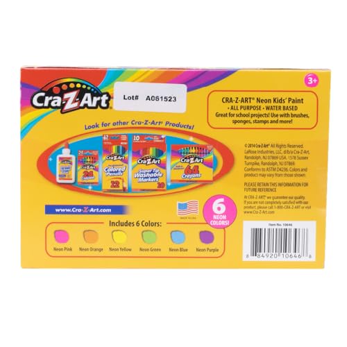 Cra-Z-Art Neon Washable Kids Paint 2oz Jars, 6 Colors Set