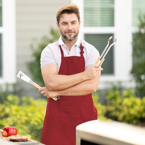 Adjustable Bib Apron 100% Polyester Kitchen Aprons Waterdrop Resistant Aprons with Adjustable Strap, Pockets & Long Ties - color: Red, style: Pack of 12