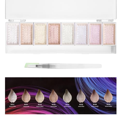 LIGHTWISH Metallic Waterolor Paints,8 Aurora Colors,Artist Glitter Solid Watercolors with 1 Water Brush Pen for Artists, Students and Beginners - color: 8 Aurora Colors