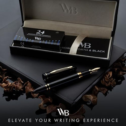 Wordsworth & Black Majesti Fountain Pen-(Black) Luxury Case, 24K Gold Finish; 18K Gilded Extra Fine Nib- Ink Cartridges, Refillable Ink Converter-Calligraphy Pen-Best Business Gift Set for Men & Women | Black, Gift for Men Women, Gold Finish, 18K German I