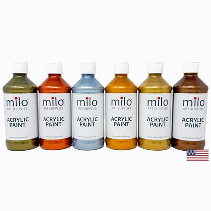 milo Metallic Acrylic Paint Set of 6 Colors | 8 oz Bottles | Student Metallic Colors Acrylics Painting Pack | Made in the USA | Non-Toxic Arts & Crafts Paints for Artists & Hobby Painters - style: Metallic Set 6 x 8 oz