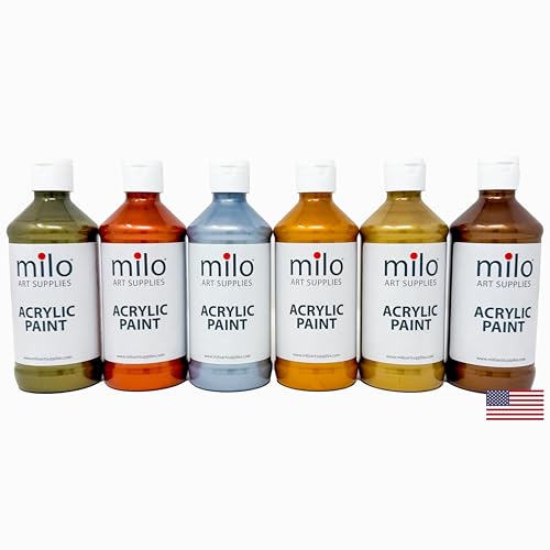 milo Metallic Acrylic Paint Set of 6 Colors | 8 oz Bottles | Student Metallic Colors Acrylics Painting Pack | Made in the USA | Non-Toxic Arts & Crafts Paints for Artists & Hobby Painters - style: Metallic Set 6 x 8 oz