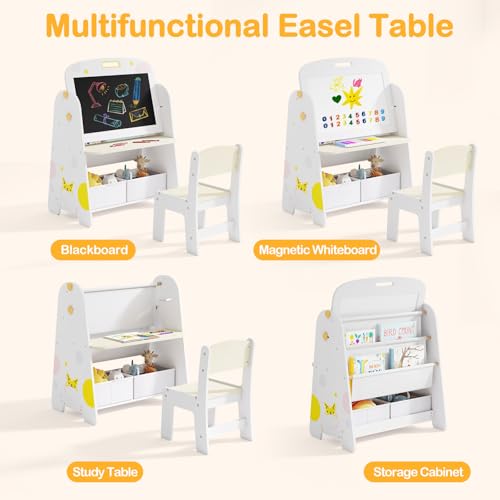 INFANS Easel for Kids with Stool, 4-in-1 Double-Sided Adjustable Magnetic Chalkboard with Paper Roll, Bookshelves, Wheels, Wooden Standing Painting Drawing Art Board for Boys Girls - style: Puppy