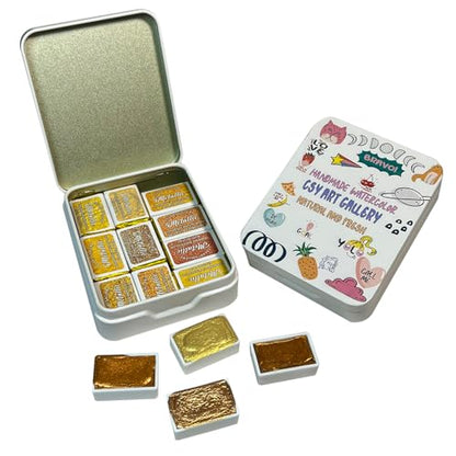 Gold Handmade Mica Watercolor Paint Set in Tin Case Metallic Full Pans Water Color Sparkly, Shimmer, Glitter for Artists in Hand Lettering, Junk Journaling, Painting(Set 1) - color: Set 1