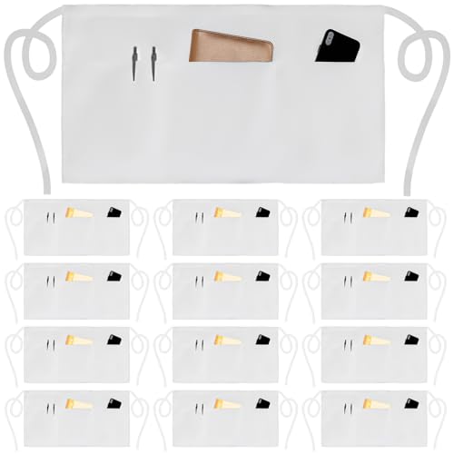NOBONDO 12 Pack Waitress Aprons with 3 Pockets - White Waist Aprons for Women Men Commercial Waiter Half Apron with Extra Long Straps Reinforced Seams for Restaurant Server Work - color: White