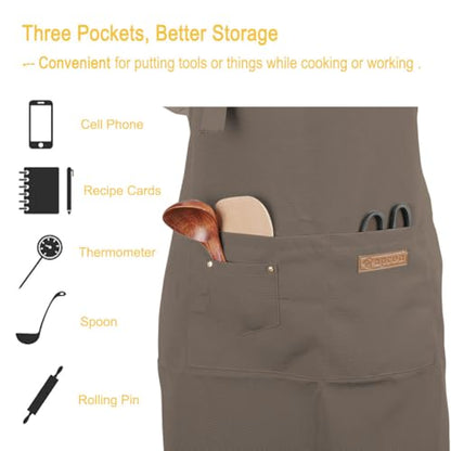 Kitchen Cooking Apron for Women Men with Big Pockets Canvas Waterproof Aprons for Server Pottery Artist Chef Apron - color: Khaki