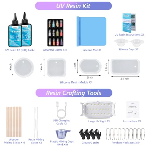 KISREL UV Resin Jewelry Making Kit, 200g Crystal Clear UV Resin Kit with Light - 22 LED UV Beads, Large UV Lamp Resina Starter Kit for Keychain, Earring, DIY Crafts - size: UV200g+22Lamp Beads