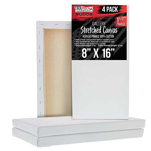 U.S. Art Supply Medium Stretched Canvas for Painting 8x16 inch Gallery Depth 1-1/2" Thick, 4-Pack - 12oz Acrylic Gesso Triple Primed, Professional Artist Quality, 100% Cotton - Oil, Pouring Paint - size: 8" x 16"