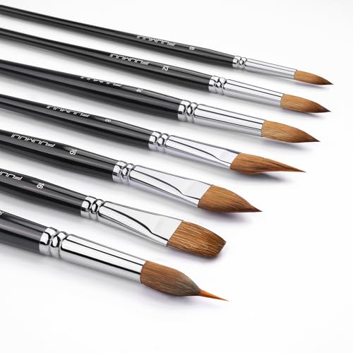 Watercolour Brushes Set, Fuumuui 7PCS Professional Kolinsky Sable Paint Brush with Patented Extended Points Design, Round, Flat, Oval, Mop for Fine Detail, Gouache, Ink, Watercolour Painting - color: Black6