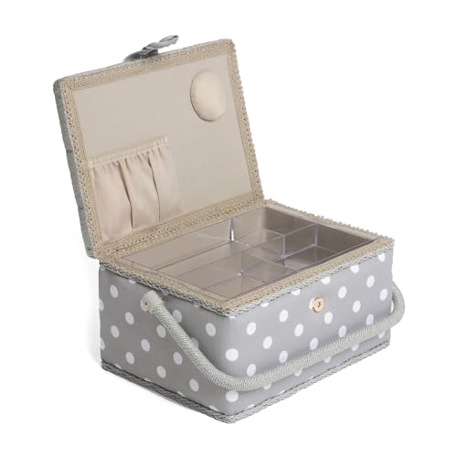 Hobby Gift Medium Sewing Box Organiser, Fabric Covered Storage Box with Handle, Internal Tray, Pin Cushion and Pocket for Sewing, Quilting and Knitting Supplies - color: Grey Spot