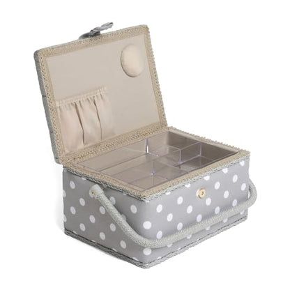 Hobby Gift Medium Sewing Box Organiser, Fabric Covered Storage Box with Handle, Internal Tray, Pin Cushion and Pocket for Sewing, Quilting and Knitting Supplies - color: Grey Spot