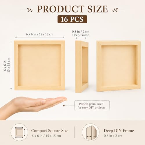 16 Pcs Unfinished Wood Picture Frames, 5.9 x 5.9 in Square DIY Deep Frames, Natural Wooden Frame Blanks for Crafts, Painting, Wall Decor and Gift Projects