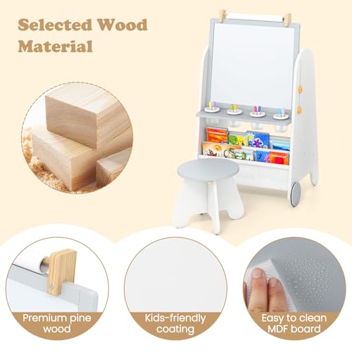INFANS Easel for Kids with Stool, 4-in-1 Double-Sided Adjustable Magnetic Chalkboard with Paper Roll, Bookshelves, Wheels, Wooden Standing Painting Drawing Art Board for Boys Girls - style: Grey