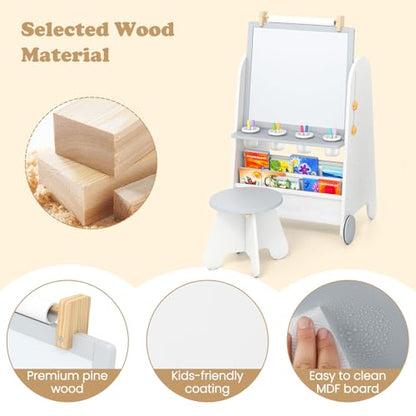 INFANS Easel for Kids with Stool, 4-in-1 Double-Sided Adjustable Magnetic Chalkboard with Paper Roll, Bookshelves, Wheels, Wooden Standing Painting Drawing Art Board for Boys Girls - style: Grey