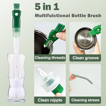 XYFuuee 5 Pack Bottle Brush Set, 5 in 1 Water Bottle Cleaning Brush, Long Handle Narrow Wine Cup Cleaner, 3 Straw Brushes for Stanley, Travel Nipple Lid Gap Detail Washer Brush - color: Green