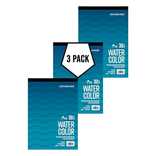 Grumbacher 7" x 10" Cold Press Watercolor Paper Pad, 140 lb. / 300 GSM, Tape-Bound, 30 White Sheets/Pad, 3-Pack - size: 7" x 10", style: Tape-Bound