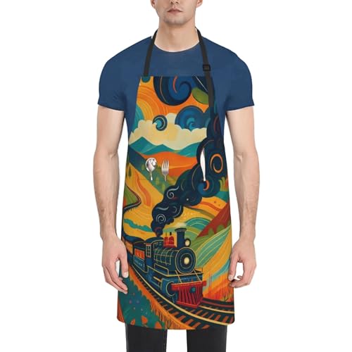 KKdskkds Tribal Boho Geometric Multi-Purpose Adjustable Waterproof Apron With Pocket For Men Women - color: Train Passing Through Colorful Fields