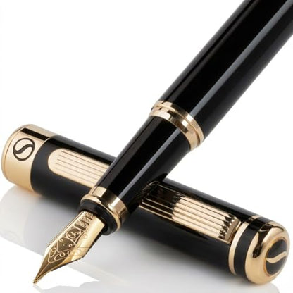 Scriveiner Luxury Fountain Pen - Stunning Black Lacquer Pen, Real Gold Finish, Schmidt Gilded Nib (Fine), Converter, Best Pen Gift Set for Men & Women, Professional, Executive, Office, Nice Pens - color: 1. Black with Gold, style: Fine Nib