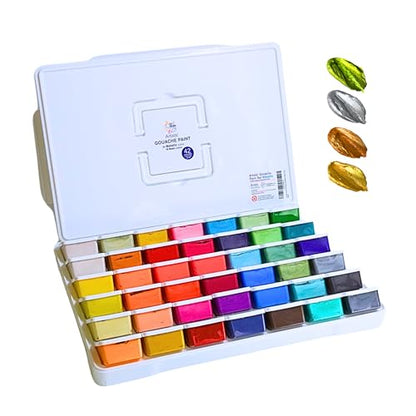 Gouache Paint Set 42 Colors, 50ml Cups with Lids – 24 Metallic & 18 Basic Shades, Refillable Gouache, Opaque & Creamy, Leakproof Storage, Travel Case, Non-Toxic - color: Metallic and Basic