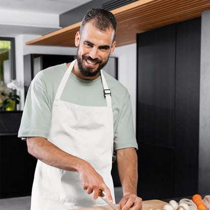 Adjustable Bib Apron 100% Polyester Kitchen Aprons Waterdrop Resistant Aprons with Adjustable Strap, Pockets & Long Ties - color: White, style: Pack of 2