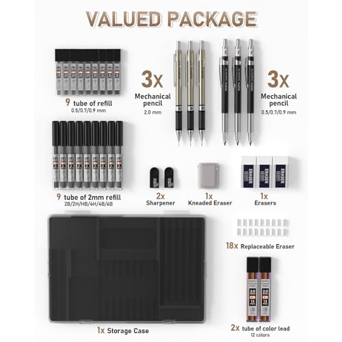 Nicpro 35PCS Art Mechanical Pencil Set, 3 PCS Metal Drafting Pencil 0.5 mm & 0.7 mm & 0.9 mm & 3 PCS 2mm Lead Holder (6B 4B 2B HB 2H 4H Colors) For Sketching Drawing With 20 Tube Lead Refills Case - color: Black, style: 0.5 0.7 0.9 2.0