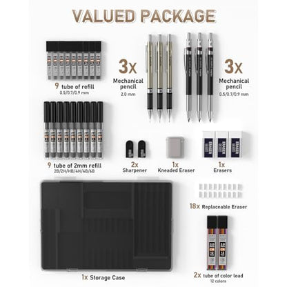 Nicpro 35PCS Art Mechanical Pencil Set, 3 PCS Metal Drafting Pencil 0.5 mm & 0.7 mm & 0.9 mm & 3 PCS 2mm Lead Holder (6B 4B 2B HB 2H 4H Colors) For Sketching Drawing With 20 Tube Lead Refills Case - color: Black, style: 0.5 0.7 0.9 2.0