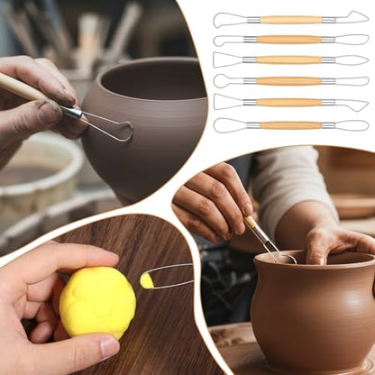 6Pcs Clay Carving Tools Double-Sided Clay Sculpting Tools Clays Wire Loop Sculpture Set Wooden Handle Ribbon Clays Tool Pottery Trimming Tool for Ceramic Wax Carving Ceramic Modeling