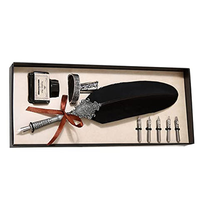 Surakey Writing Quill Pen Feather Pen Calligraphy Ink Dip Pen Set Luxury Vintage Signature Fountain Pen Gift Kit with Pen Stand Holder for Writing,Invitation Letters,Diary, Postcard (Black)