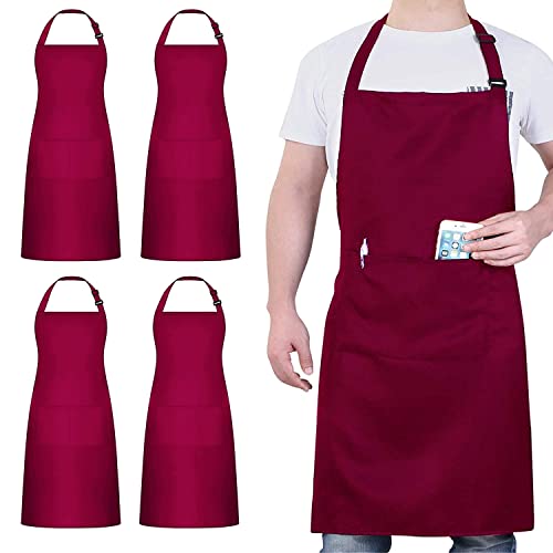 4 Packs Chef Apron, Waterproof Apron, Adjustable Aprons with 2 Pockets for Men Women, Professional Aprons for Kitchen Cooking Gardening Painting Baking Restaurant (Wine) - color: Wine