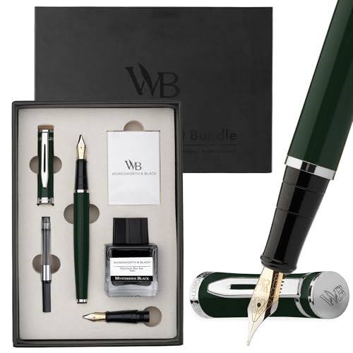 Wordsworth & Black Fountain Pen Set,18K Gilded Medium and Extra Fine Nib,25ML Black Ink Bottle,6 Ink Cartridges,Refill Converter,Gift Box,Smooth Writing Pens [Green Chrome],Gift Set for Men and Women - color: Green Chrome