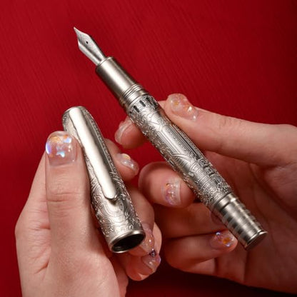 Hongdian 100 Silver Steel Piston Fountain Pen, Iridium Long Blade Fine Nib Calligraphy, Smooth Writing Pens, Nice Writing Pen for Men & Women - color: Silver-100, style: Long Blade Point