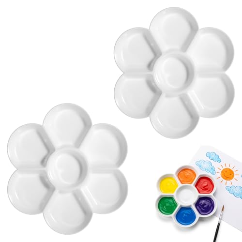 2 Pack White Watercolor Palette, 7 Well Plastic Paint Palette Tray 6.7 Inch Round Watercolor Painting Tray Non-Stick Professional Artist-Grade Mixing Palette for Gouache, Oil, Art Supplies