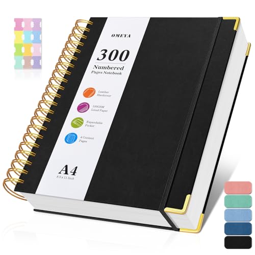 Spiral Notebook 8.5" x 11", 300 Numbered Pages Notebooks College Ruled with Contens, 100GSM Thick Journal for Women Men, Hardcover Leather Lined Journal for Writing, Large A4 Notebooks for Work School - color: Black, size: A4