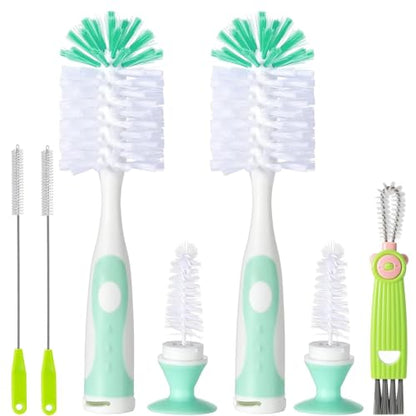Baby Bottle Brush Set, 2Pcs Nylon Bottle Brush with Stand, 2 Hidden Nipple Brush, 2 Straw Brush, 1 Lid Brush, Bottles Brush Cleaner for Baby Bottle, BPA-Free(Green) - color: Green-nylon & Nylon Brush