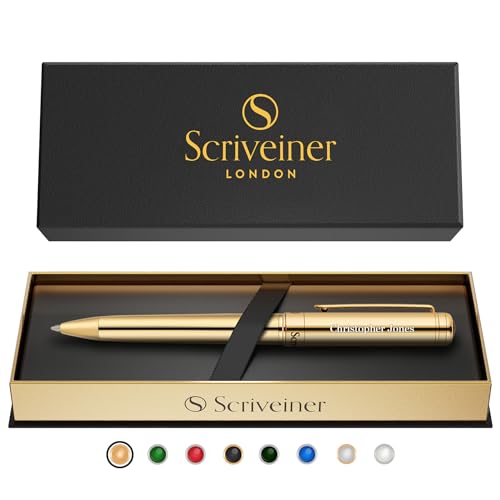 Scriveiner Personalized Gold Ballpoint Pen - Stunning Luxury Pen, Real Gold Plating, Schmidt Ink Refill, Best Engraved Ball Point Gift Set for Men & Women, Custom Name Engraving - color: 9. Gold (Personalized)