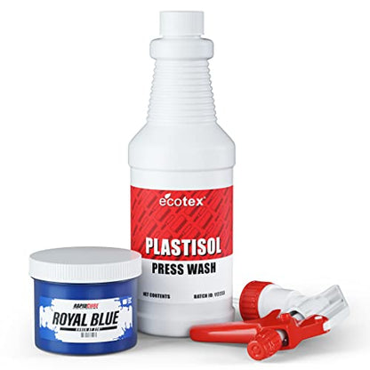 Rapid Cure® Royal Blue Plastisol Ink (8 oz.) and Ecotex® Plastisol Press Wash (Pint - 16 oz.) - Screen Printing Fabric Ink, Screen Printing Cleaner/Degreaser - Silk Screen Press Wash/Plastisol Ink - color: Royal Blue