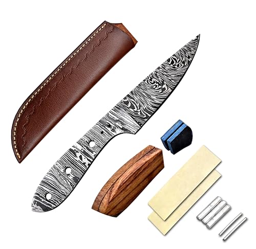 Custom Hand Forged Damascus Steel Blank Blade Knife Making Kit, Leather sheath, Pin, Scale, DIY Hunting, Camping Blade, Damascus Blade Billet Handmade, Knife Making Supply (BK-L) - color: BK-L