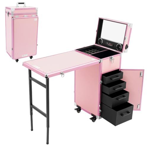 Portable Manicure Table Nail Foldable Nail Tables Travel Cosmetic Trolley Storage Organizer with 4 Drawers Mirror & Speaker Pink Artist Travel Organizer - color: Pink 4 Drawers