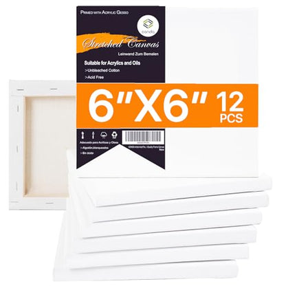 CONDA 6x6 inch Stretched Canvas for Painting, Pack of 12, 100% Cotton, 5/8 Inch Profile Value Bulk Pack for Acrylics, Oils Painting - size: 6x6 inch