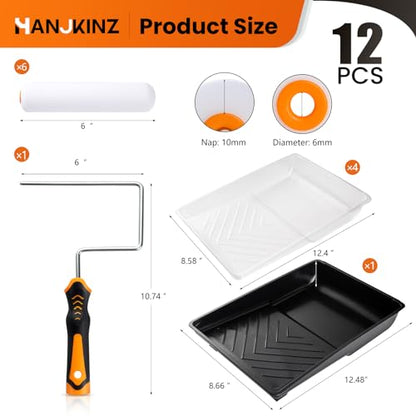 12 Pcs 6 Inch Paint Roller Kit with High-Density Foam Paint Roller, Paint Tray with Liner, Mini Roller for Painting Wall, Door, Cabinet - size: 6 Inch Foam, 12 Pack