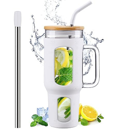 WINSA Glass Tumbler with Lid and Straw, 46 oz Iced Coffee Cup with Handle, Large Water Bottles with Silicone Sleeve, Glass Cup with Straws - Pearl Straw & Drinking Straw BPA Free-White - color: White, size: 46 Ounces