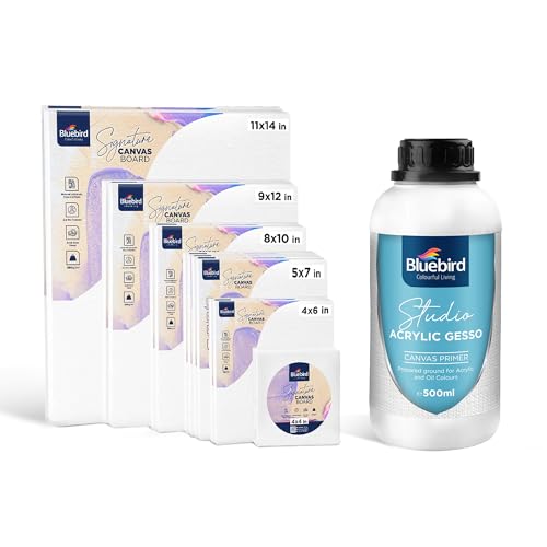 BLUEBIRD Canvas Board Set of 14 (4x4, 4x6, 5x7, 8x10, 9x12, 11x14) Studio Acrylic Gesso 500ml - White Liquid Gesso Primer